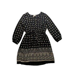 Japna Black Printed 1/2 Button Up Drawstring Bow Tie Waist Dress Sz S Pockets